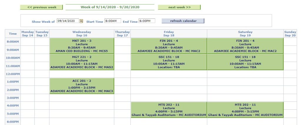 Current post-enrollment weekly schedule